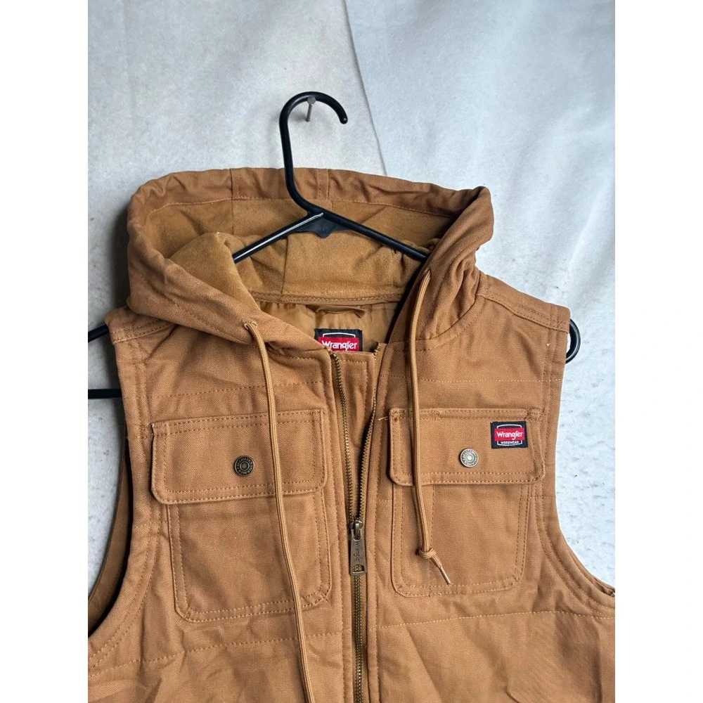 Wrangler Workwear Mens Small Brown Canvas Hooded Quilted Utility Vest 6299 WRG